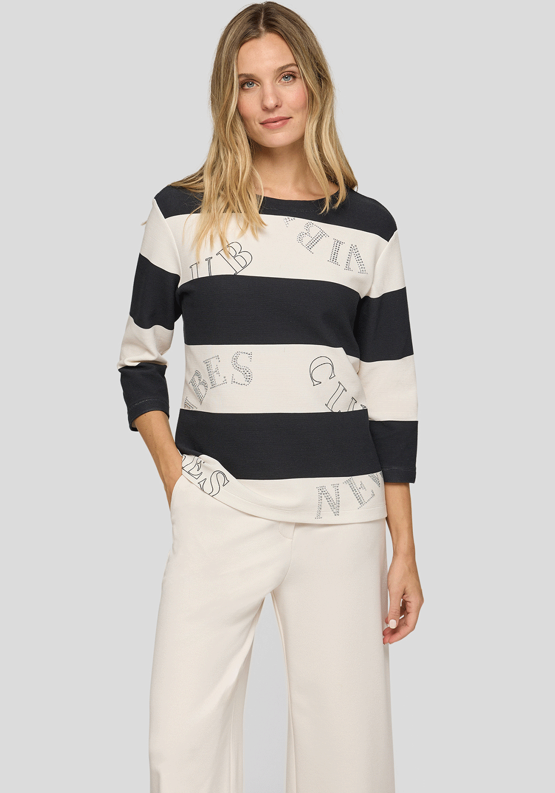 Rabe Ribbed Striped Monogram Print Top, Black