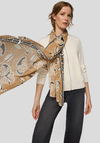 Rabe Floral Print Monogram Trim Scarf, Tan
