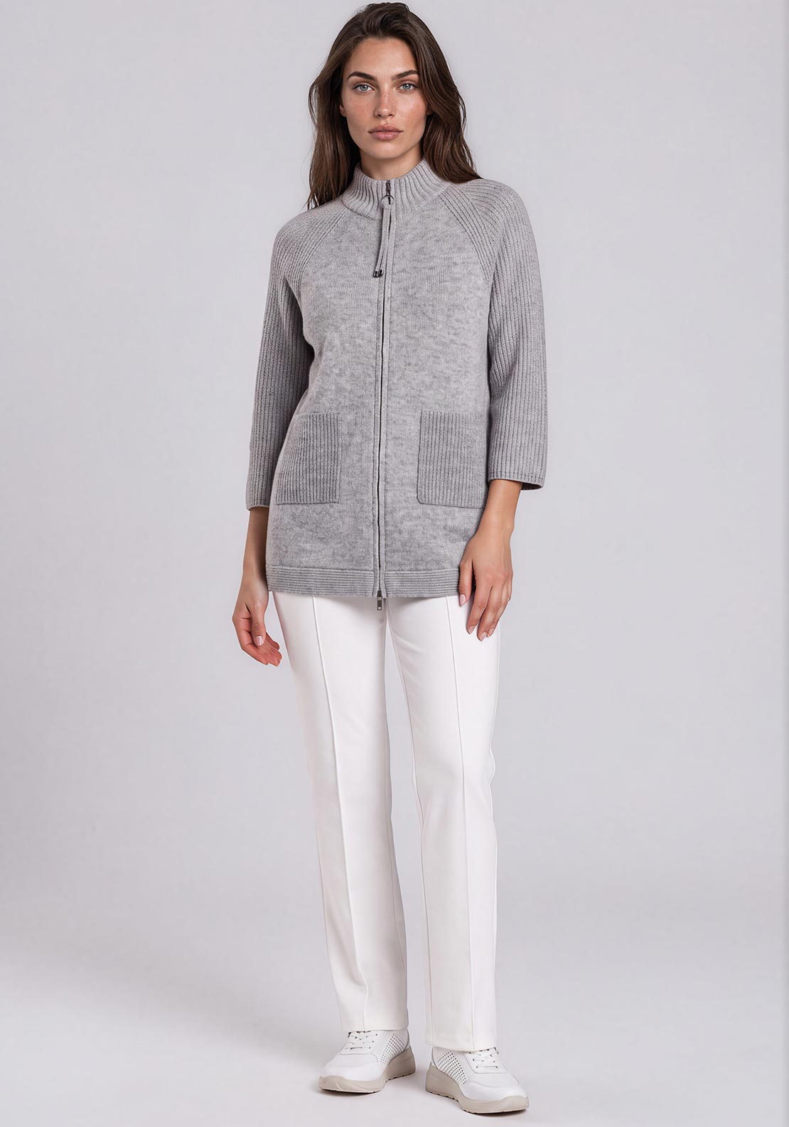 Rabe Knitted Full Length Zip Cardigan, Grey