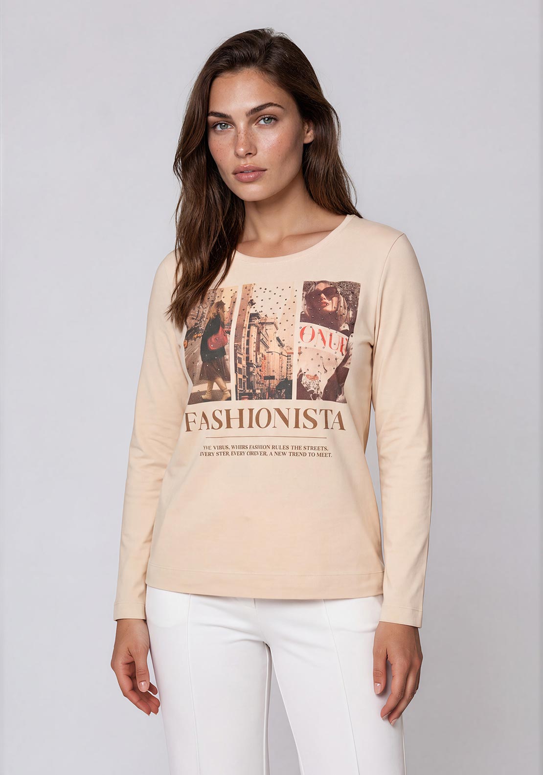 Rabe Fashionista Graphic Print with Rhinestone Detail Top, Beige Multi