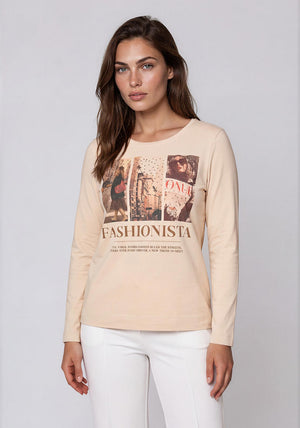 Rabe Fashionista Graphic Print with Rhinestone Detail Top, Beige Multi