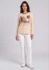 Rabe Fashionista Graphic Print with Rhinestone Detail Top, Beige Multi