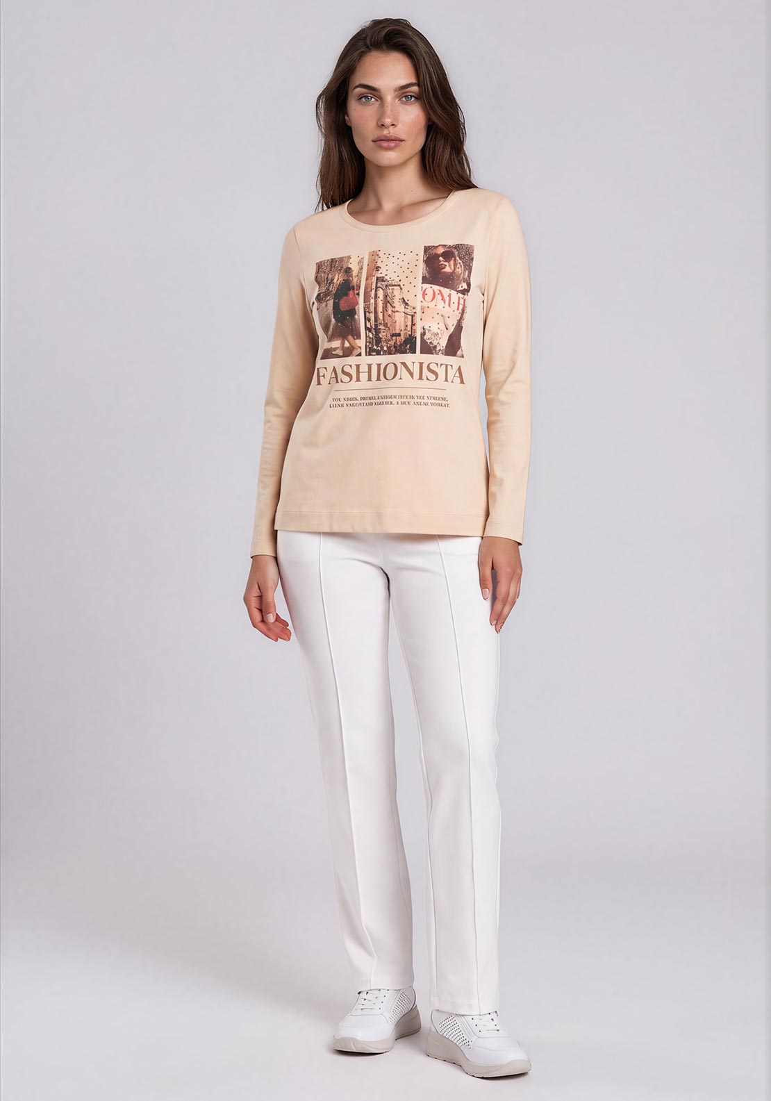 Rabe Fashionista Graphic Print with Rhinestone Detail Top, Beige Multi