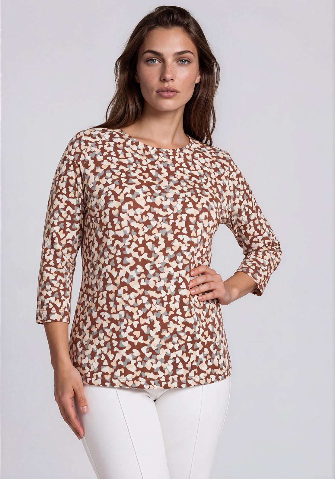 Rabe Love Heart Print Top, Brown Multi