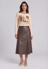 Rabe Faux Leather with Stitch Detail Midi Skirt, Brown