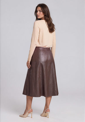 Rabe Faux Leather with Stitch Detail Midi Skirt, Brown
