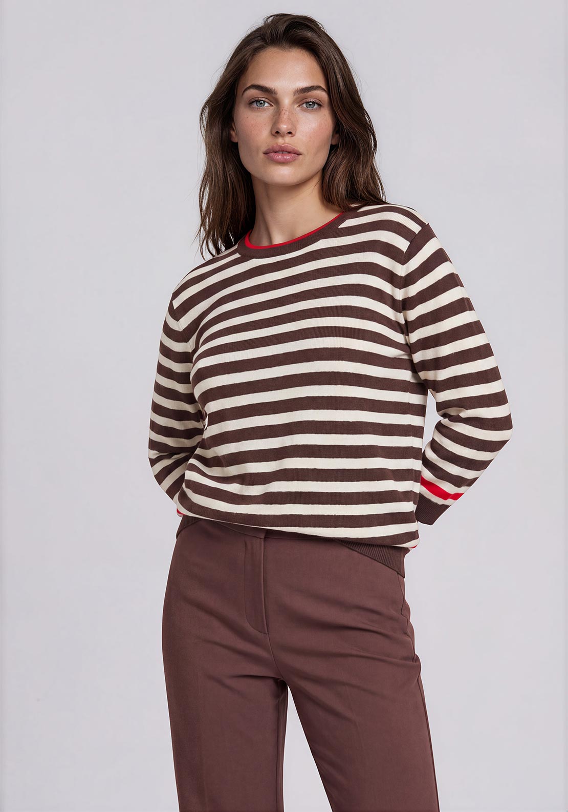 Rabe Contrasting Trim Round Neckline Top, Brown Multi