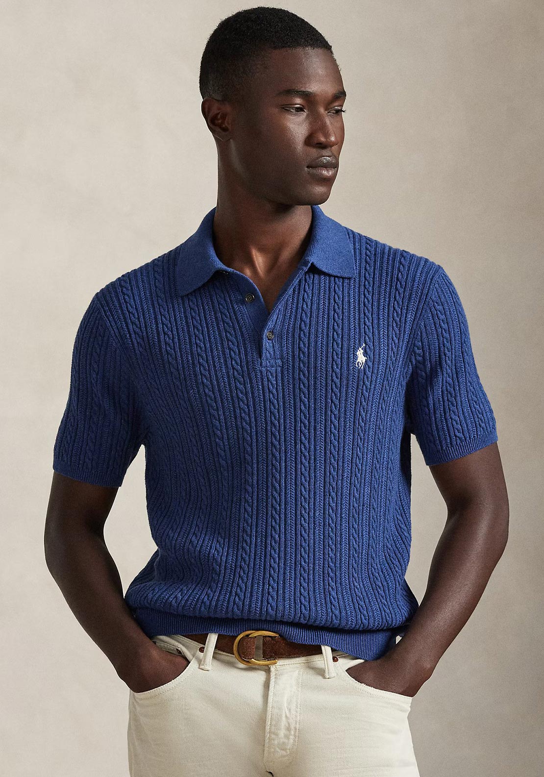 Ralph Lauren Cable Knit Cotton Polo Shirt, Navy Heather - McElhinneys
