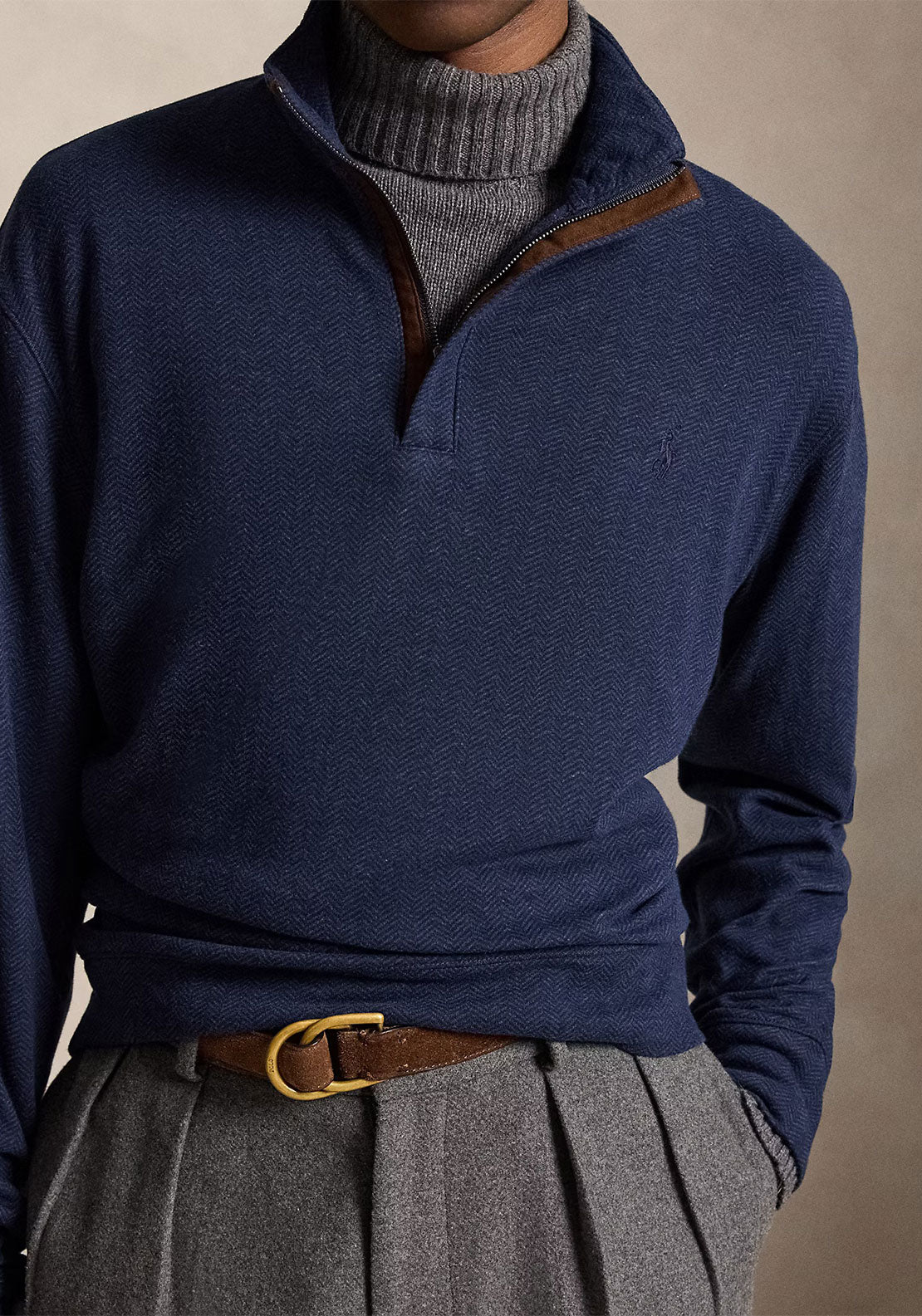 Ralph Lauren Herringbone Print Quarter Zip Sweater, Spring Navy Heather