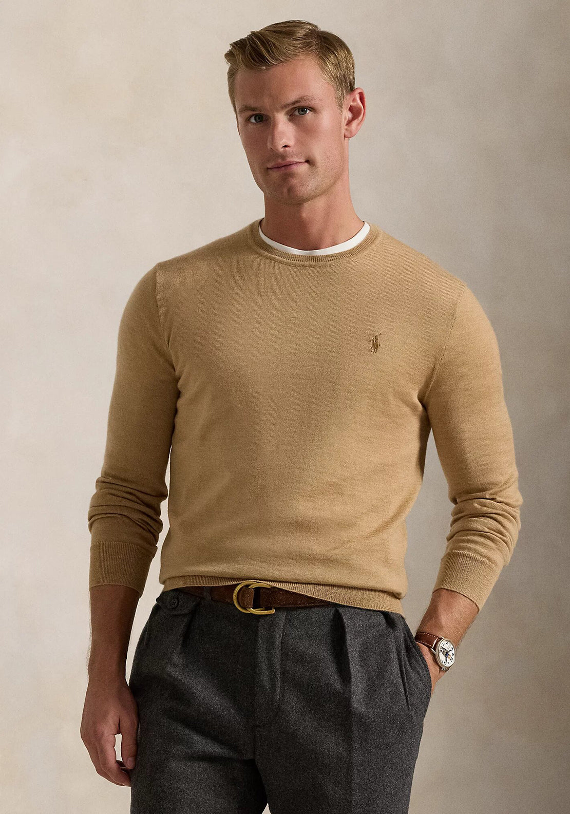 Ralph Lauren Light Knit Crew Neck Sweater, Camel Melange