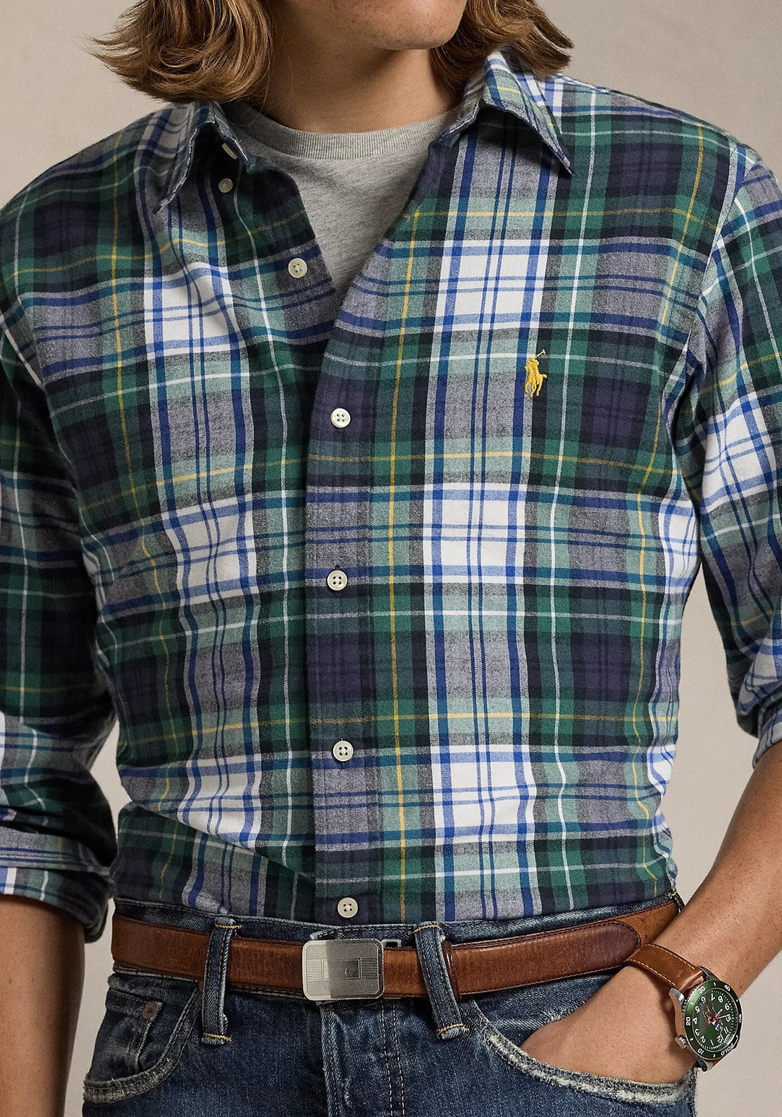 Ralph Lauren Plaid Brushed Oxford Shirt, Green & White