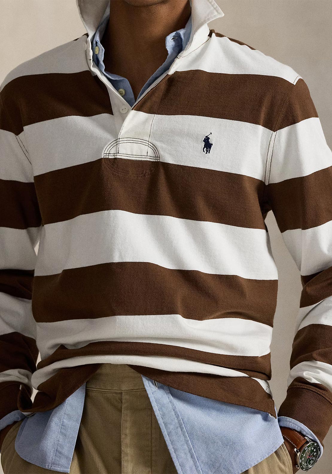 Ralph Lauren The Iconic Rugby Shirt, Brown & White - McElhinneys