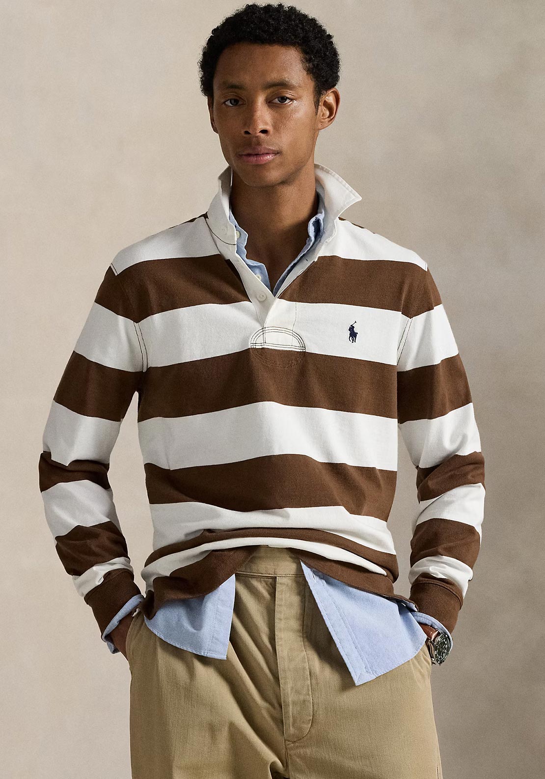 Ralph Lauren The Iconic Rugby Shirt, Brown & White - McElhinneys