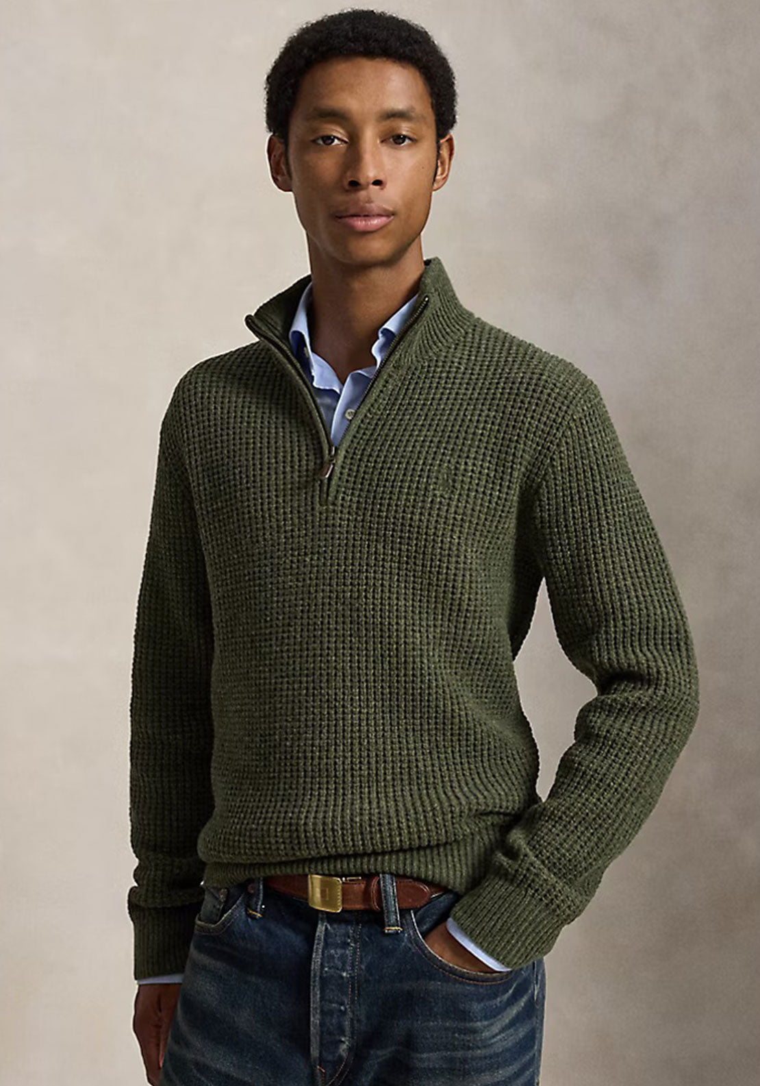 Ralph Lauren Waffle Knit Quarter Zip Jumper, Olive Green Heather