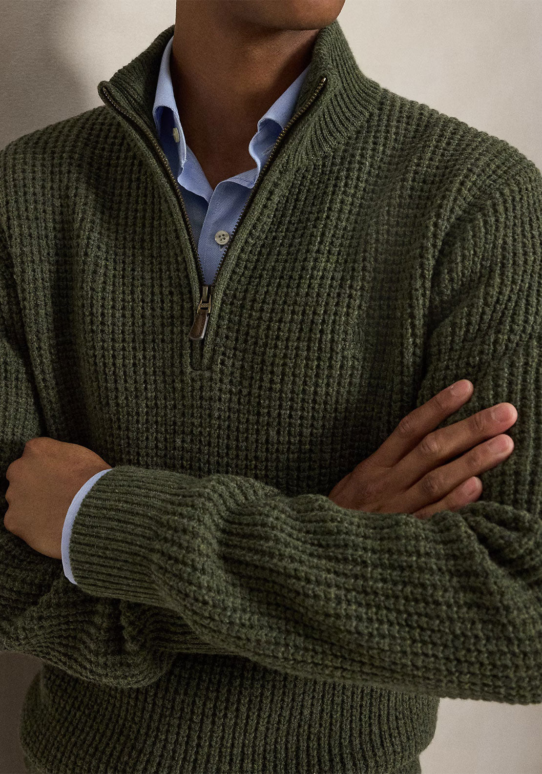 Ralph Lauren Waffle Knit Quarter Zip Jumper, Olive Green Heather