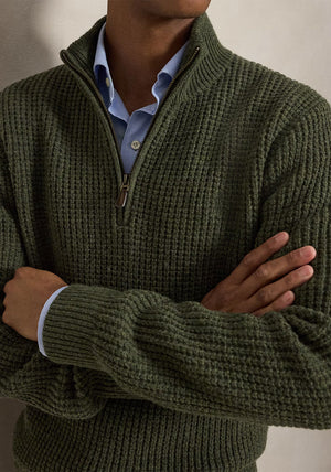 Ralph Lauren Waffle Knit Quarter Zip Jumper, Olive Green Heather