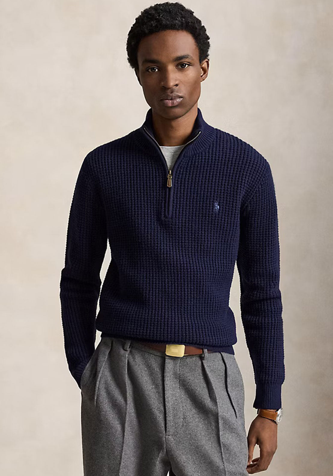 Ralph Lauren Waffle Knit Quarter Zip Jumper, Hunter Navy