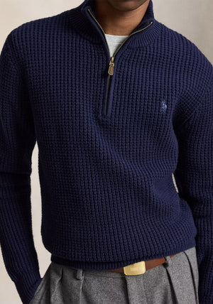 Ralph Lauren Waffle Knit Quarter Zip Jumper, Hunter Navy