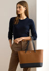 Ralph Lauren Karly Leather Crosshatch Large Tote, Bag, Tan & Navy
