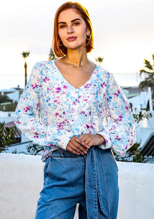 Rant & Rave Ann Floral V Neck Blouse, Blue