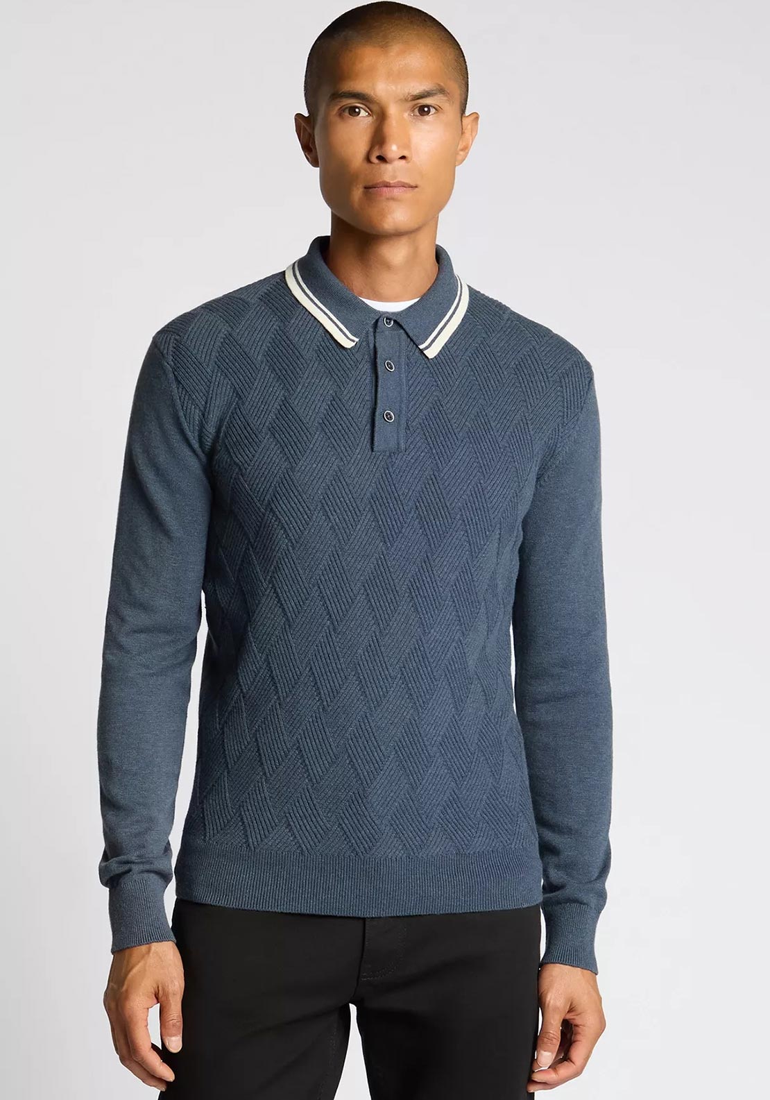 Remus Uomo Honeycomb Knit Long Sleeve Polo Shirt, Blue