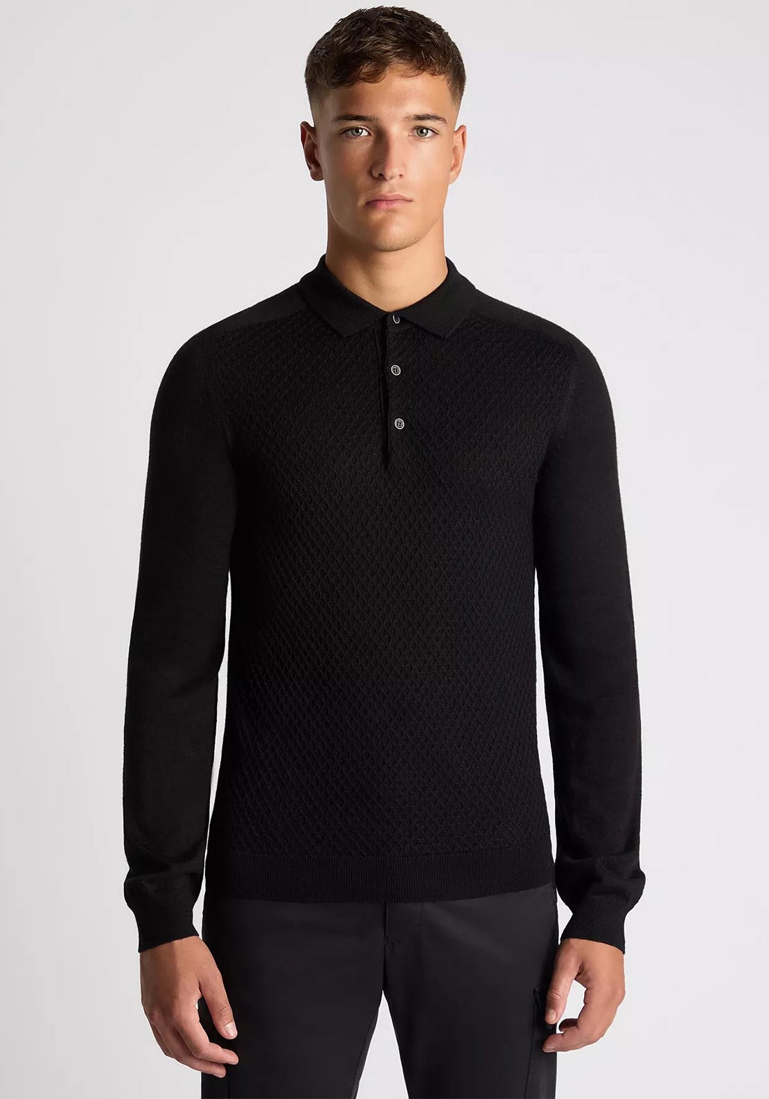 Remus Uomo Long Sleeve Honeycomb Knit Polo Shirt, Black