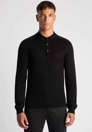 Remus Uomo Long Sleeve Honeycomb Knit Polo Shirt, Black