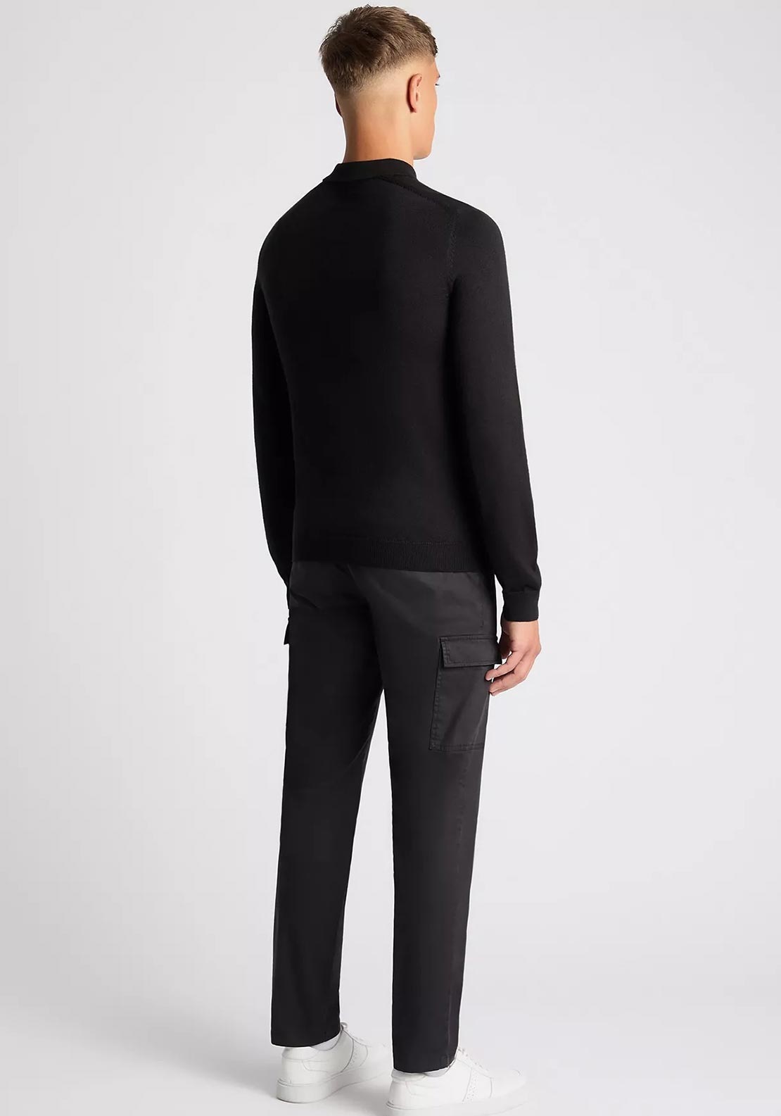Remus Uomo Long Sleeve Honeycomb Knit Polo Shirt, Black