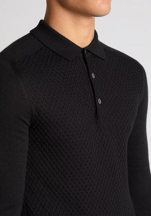 Remus Uomo Long Sleeve Honeycomb Knit Polo Shirt, Black