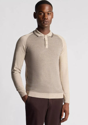 Remus Uomo Long Sleeve Jacquard Knit Polo Shirt, Beige