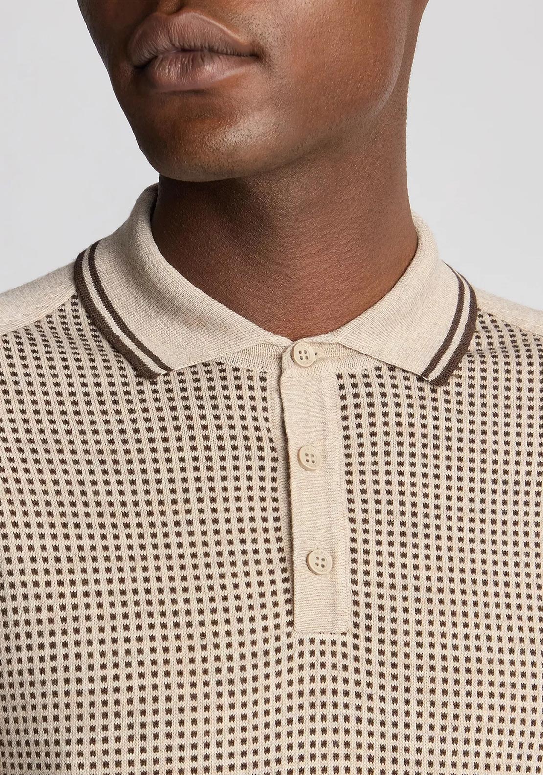 Remus Uomo Long Sleeve Jacquard Knit Polo Shirt, Beige