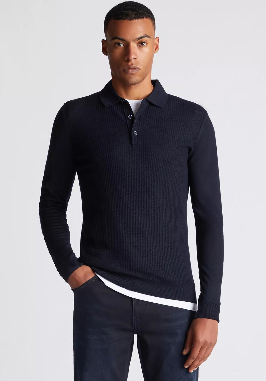 Remus Uomo Long Sleeve Textured Knit Polo Shirt, Navy