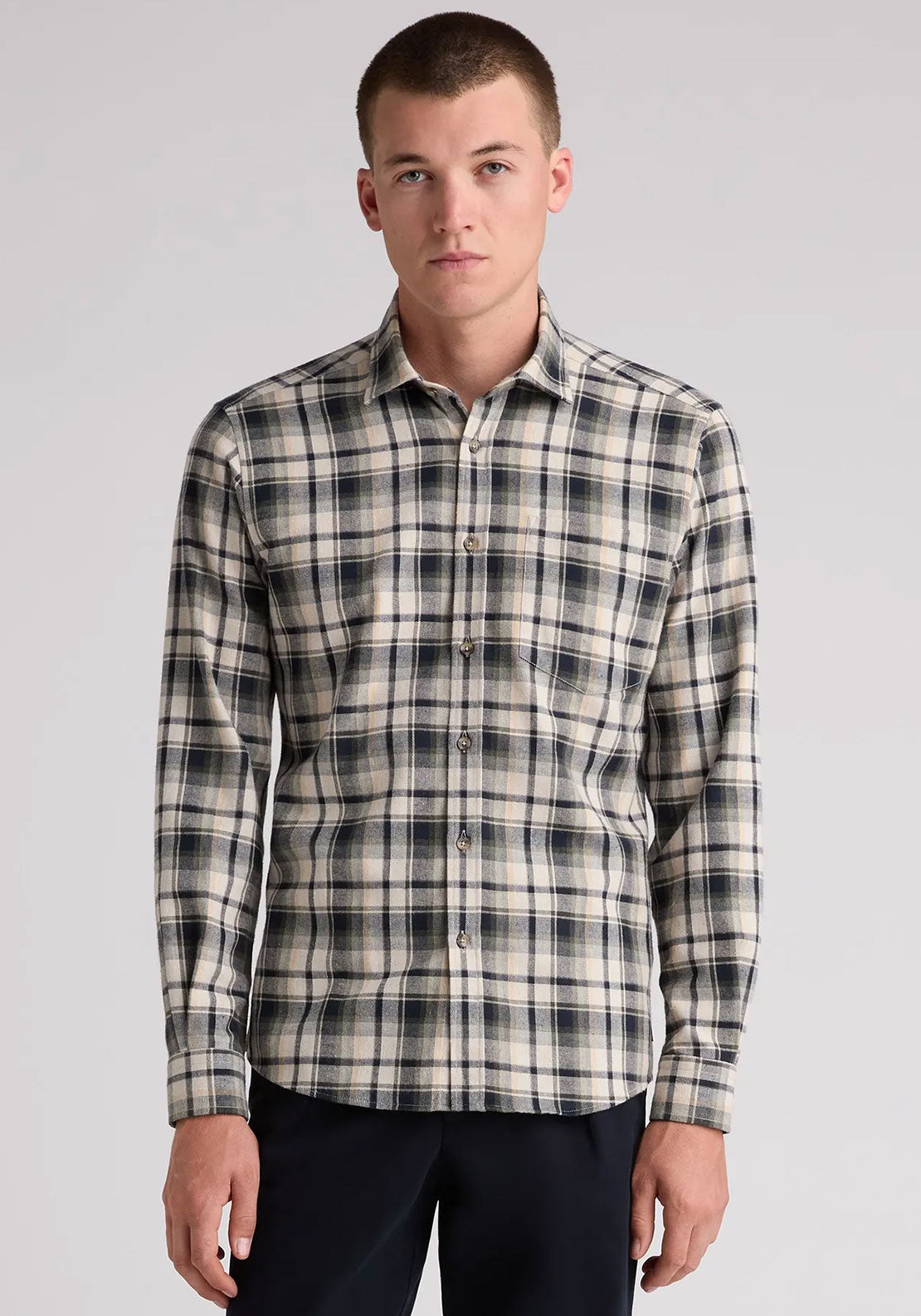 Remus Uomo Parker Tapered Long Sleeve Shirt, Green & Brown Multi