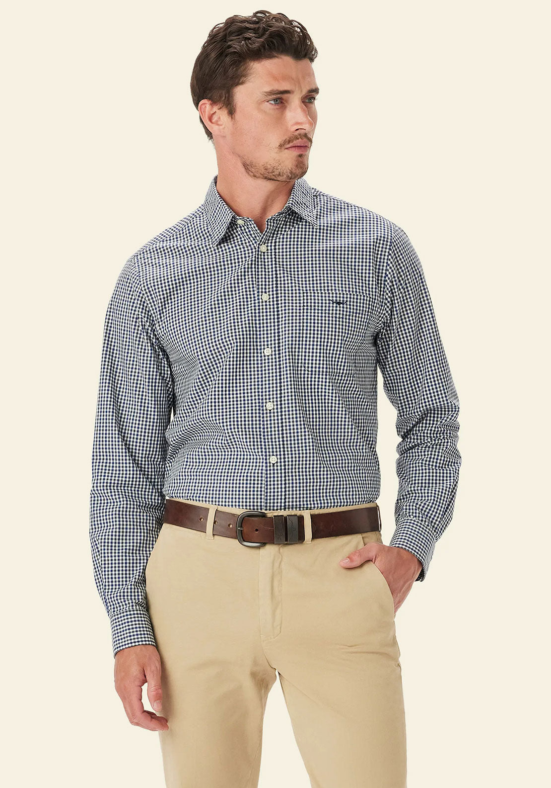 R.M Williams Mogo Poplin Check Shirt, Navy & Charcoal Multi