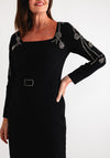 Red and Royal Embellished Sleeve Square Neck Dress, Black