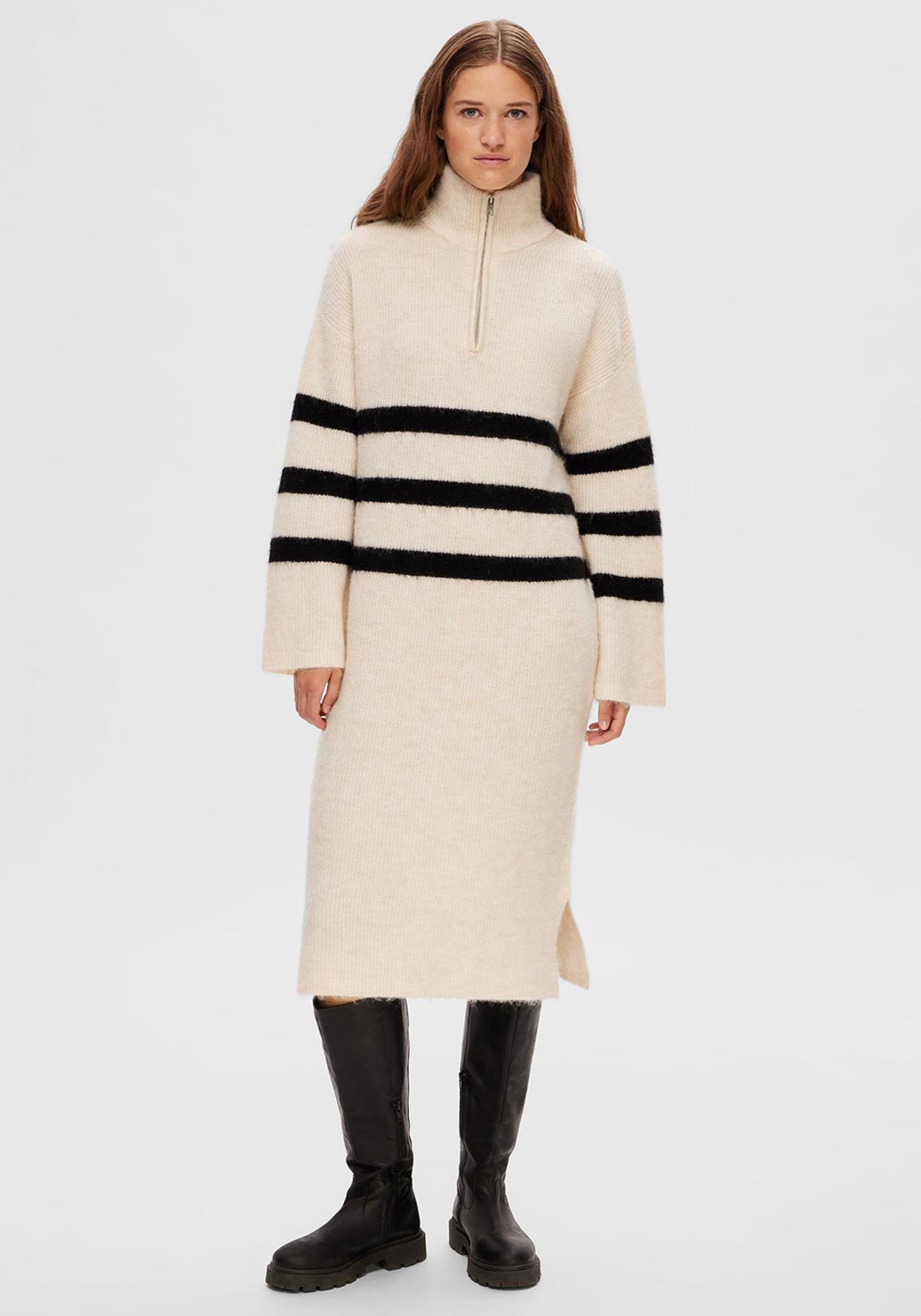 Selected Femme Maline Half Zip Knit Midi Dress, Birch