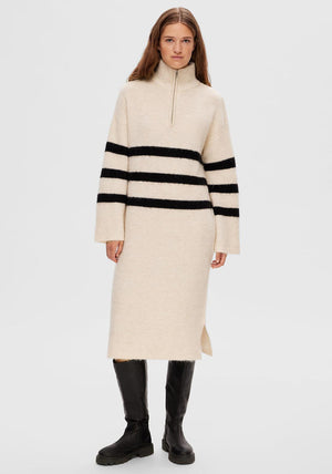 Selected Femme Maline Half Zip Knit Midi Dress, Birch