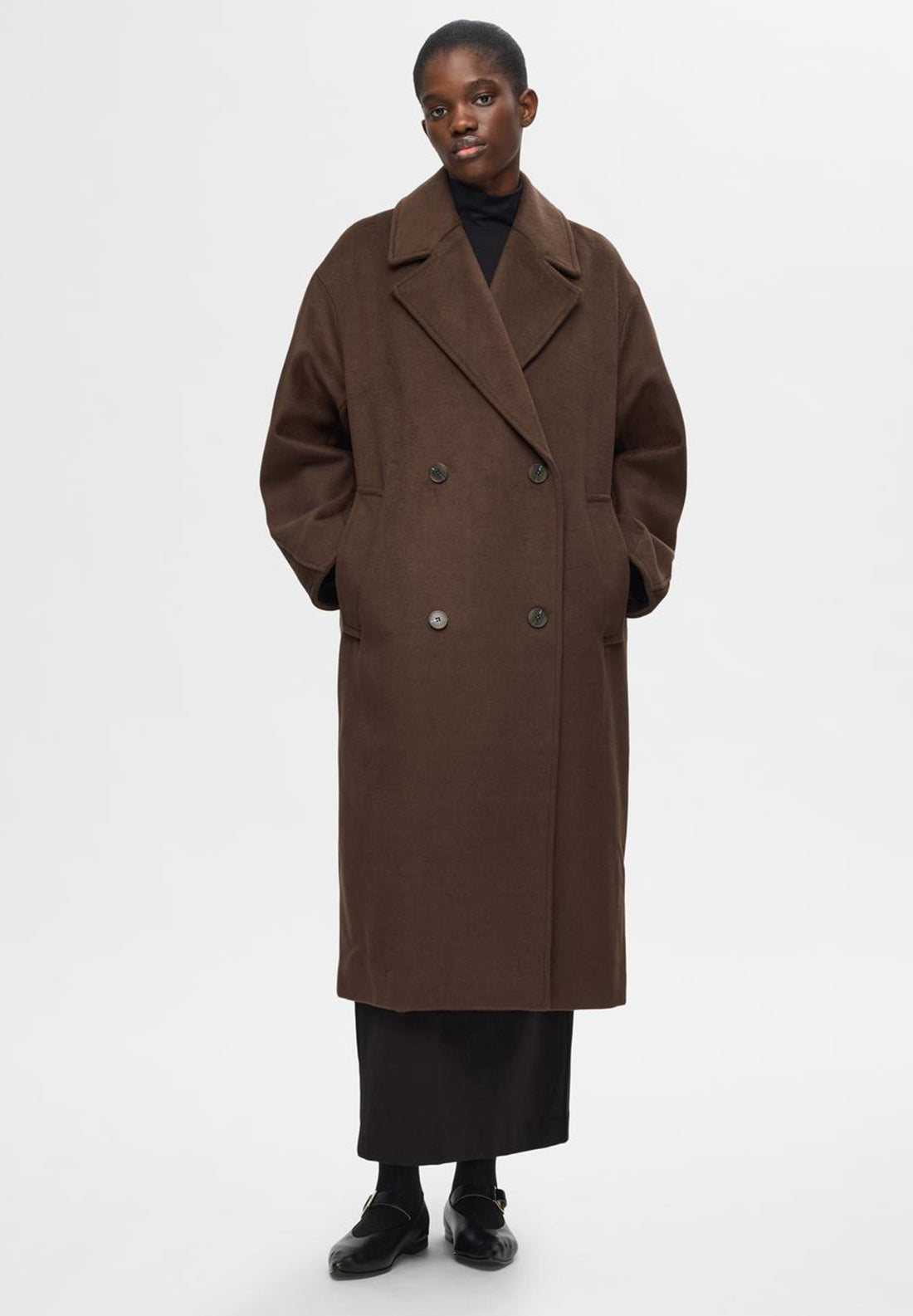 Selected Femme Elenora Long Wool Coat, Brown - McElhinneys