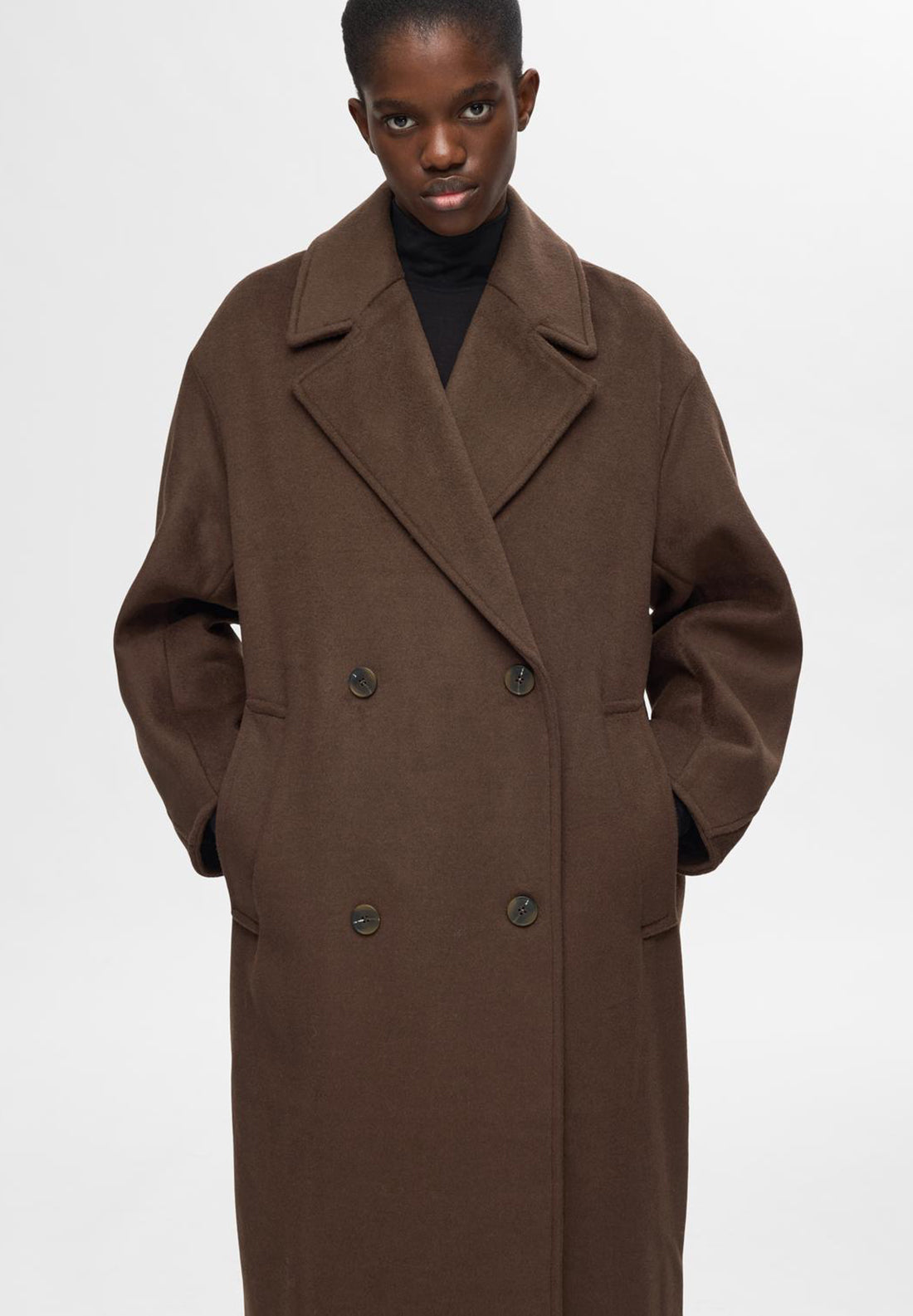 Selected Femme Elenora Long Wool Coat, Brown - McElhinneys