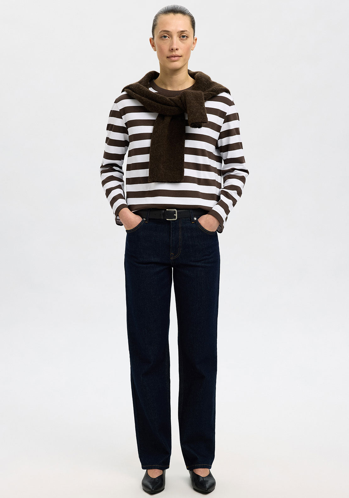 Selected Femme Essentials Stiped Boxy Top, Brown