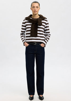 Selected Femme Essentials Stiped Boxy Top, Brown