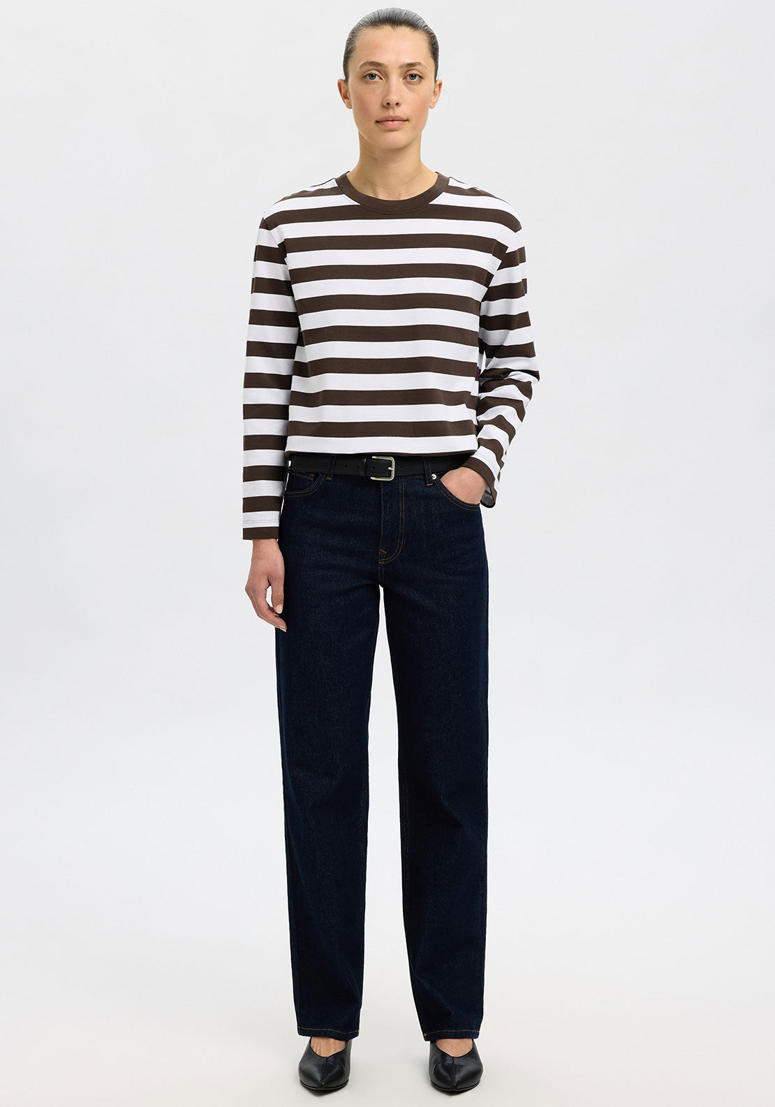 Selected Femme Essentials Stiped Boxy Top, Brown