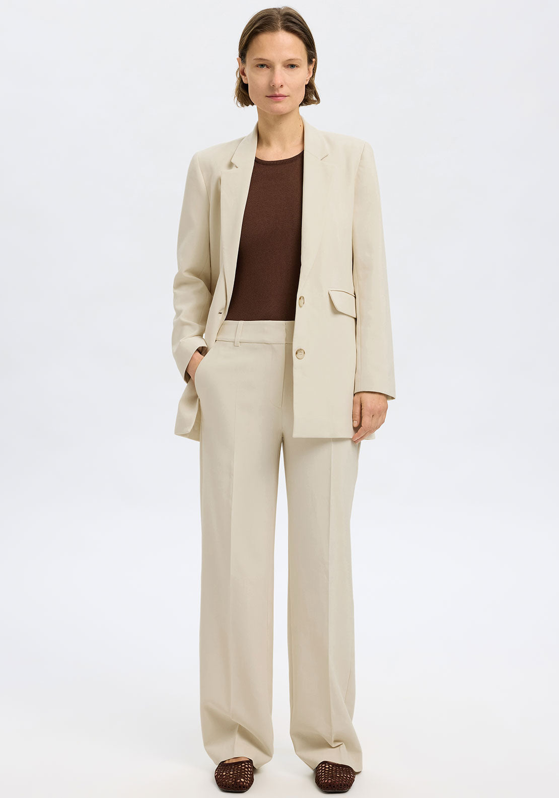 Selected Femme Rita Wide Leg Trousers, Beige