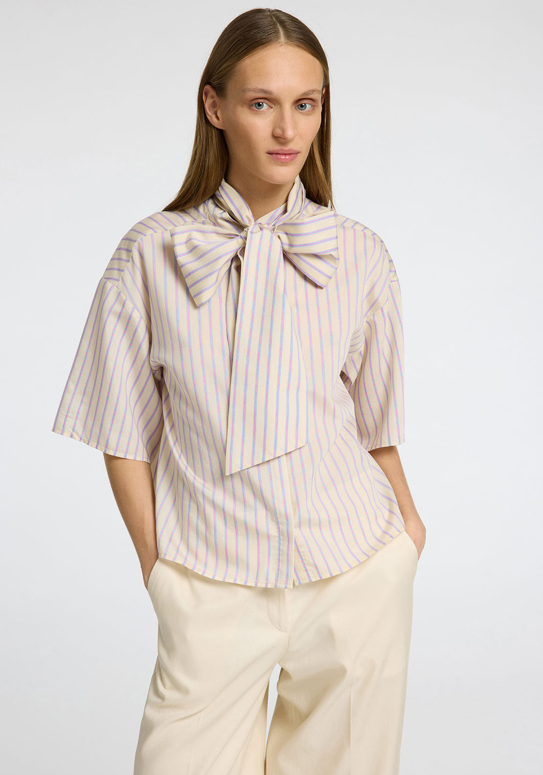 Selected Femme Lana Juno Striped Bow Shirt, Cream