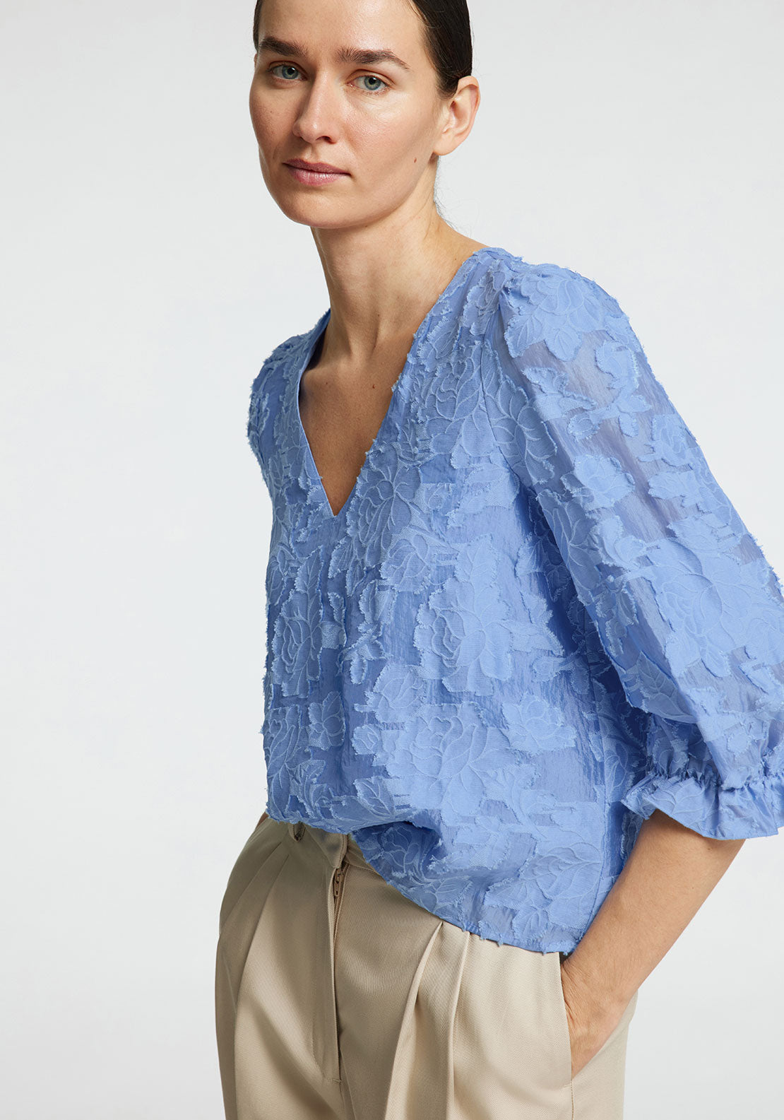 Selected Femme Cathi Floral Embossed Blouse, Blue