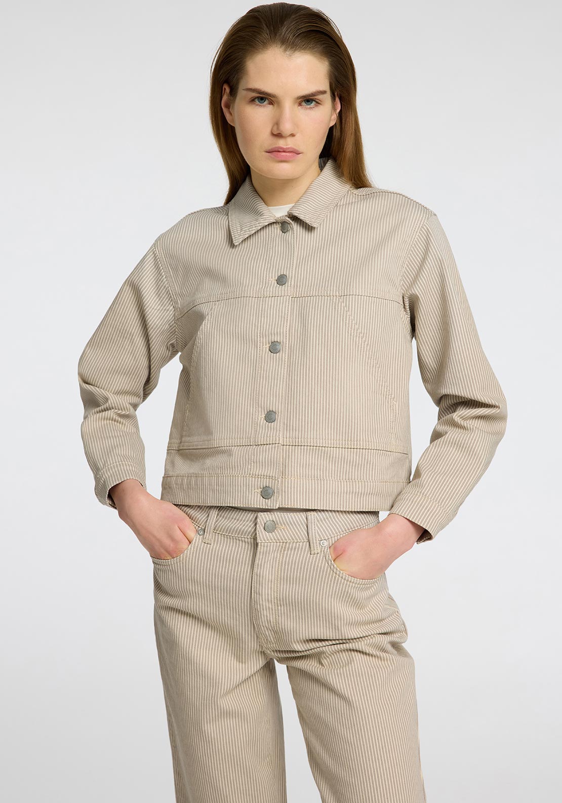 Selected Femme Alba Pinstripe Denim Jacket, Beige