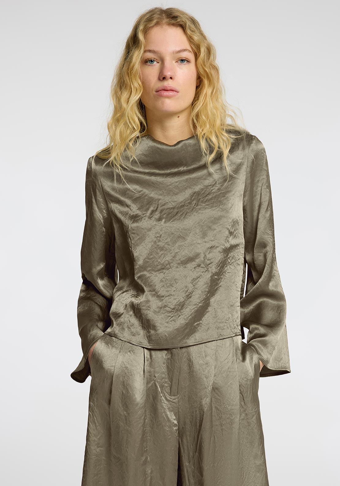 Selected Femme Selene Cowl Neck Blouse, Green