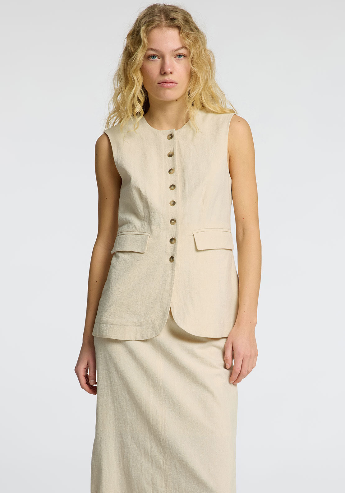 Selected Femme Iluna Linen Buttoned Waistcoat , Sand Beige