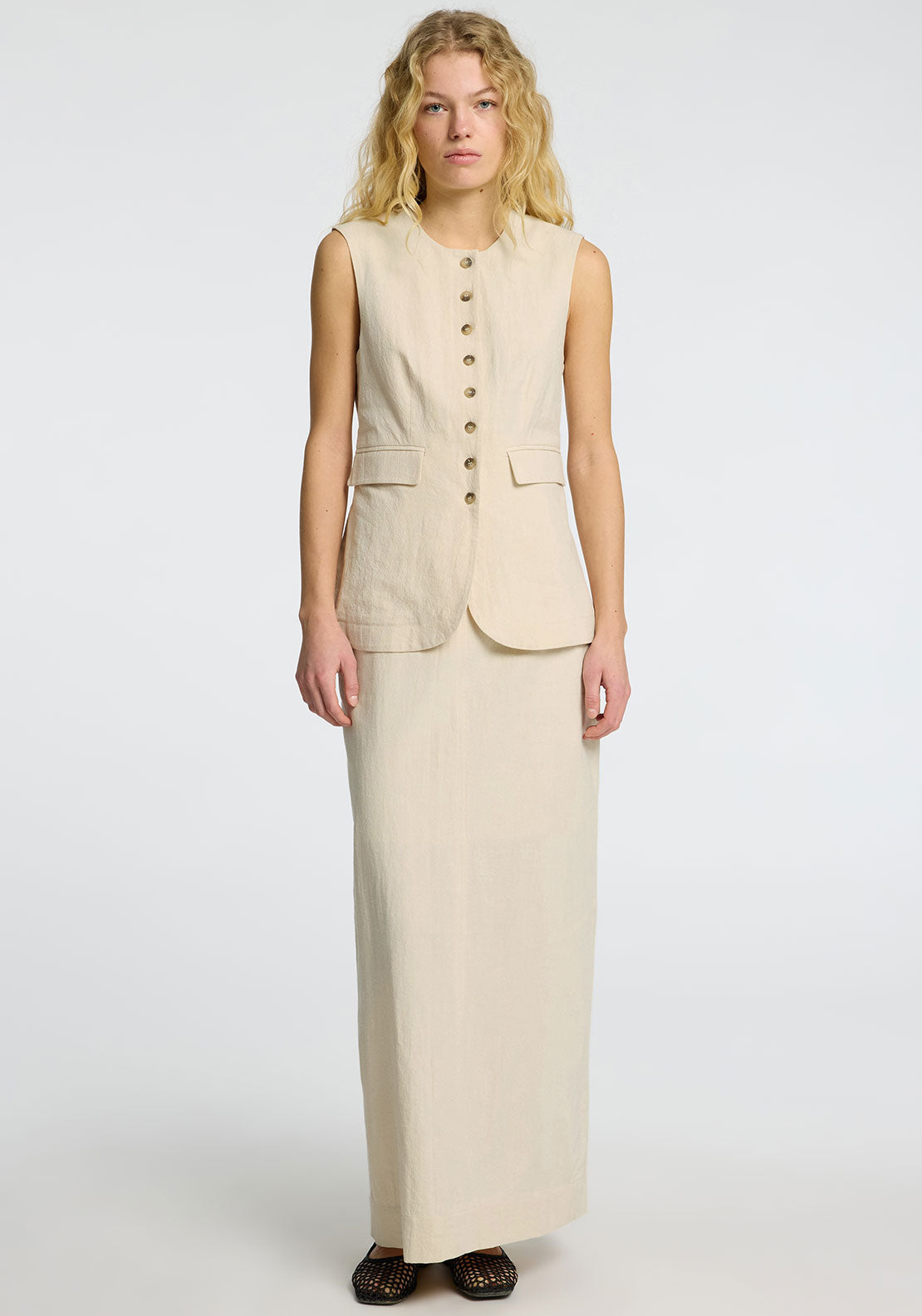Selected Femme Iluna Linen Buttoned Waistcoat , Sand Beige
