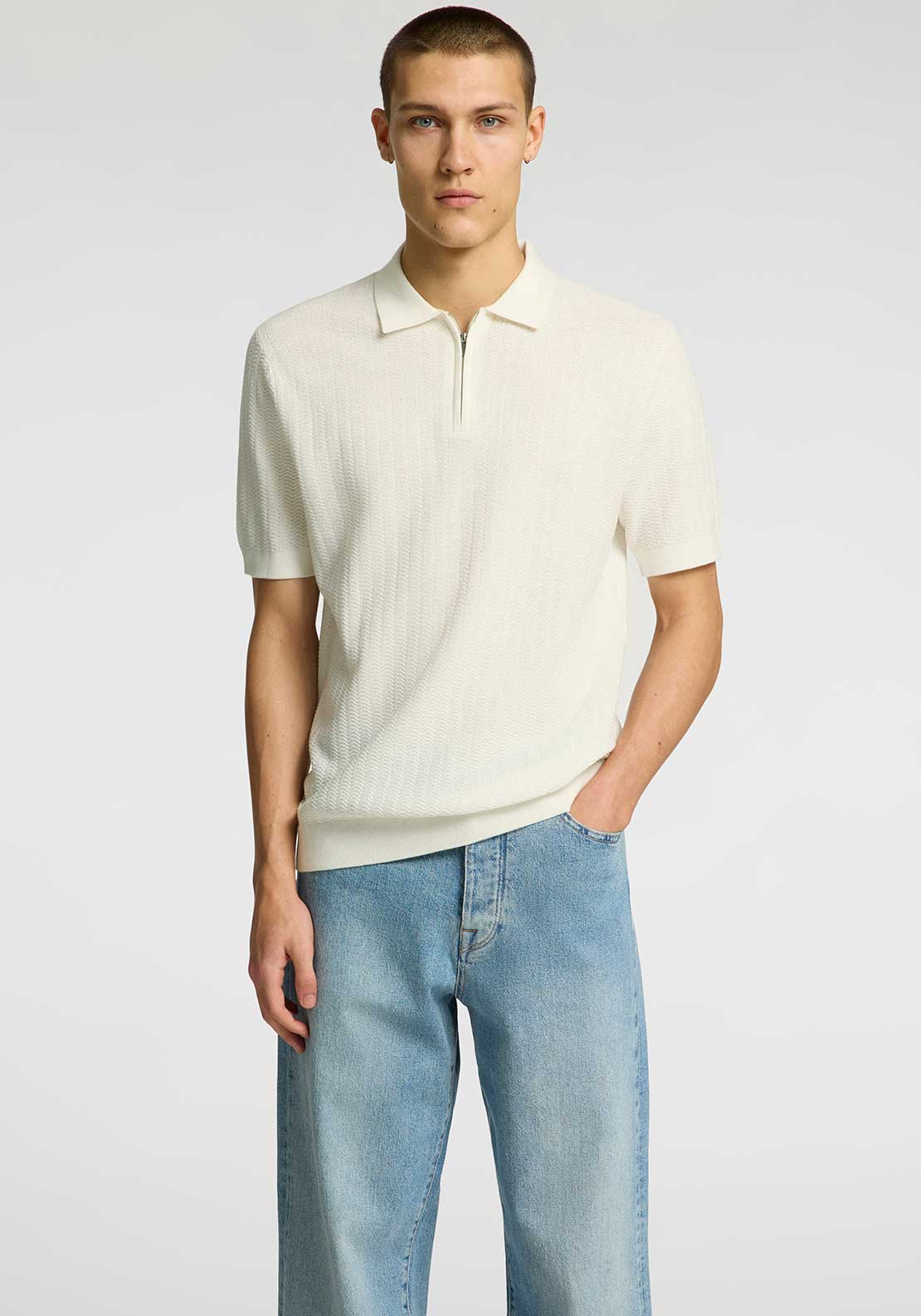 Selected Homme Knit Half Zip Polo Shirt, Off White - McElhinneys